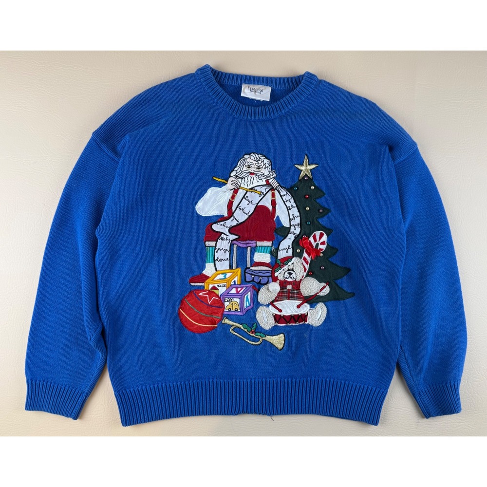 Vintage Style Christmas Sweater Santa Embroidered Large Essential Elements
